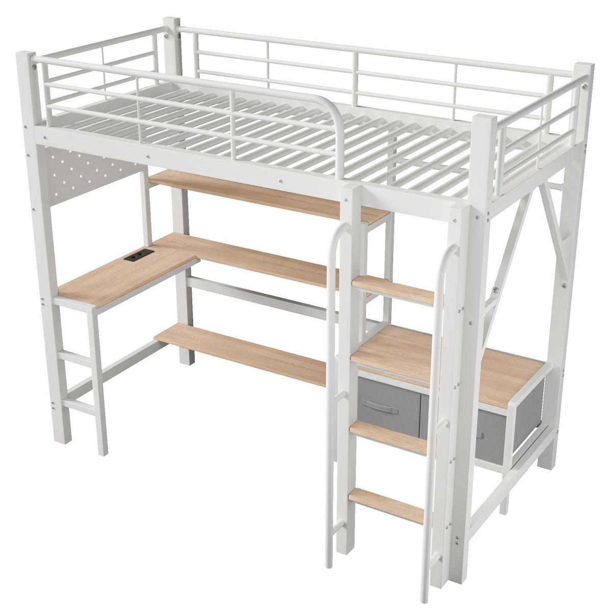 HOCHBETT aus Metall und MDF 90x200 cm Weiß mit Schreibtisch, LED-Beleuchtung und Stauraum - Weiß, Holzwerkstoff (90/200cm) - Modfu