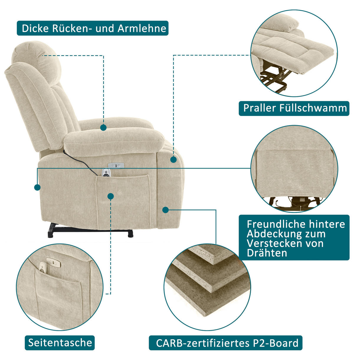 MASSAGESESSEL Stoff Beige mit Massagefunktion, Heizfunktion, USB und Hebefunktion - Beige, Holzwerkstoff/Textil (95/107/94cm) - WISHDOR