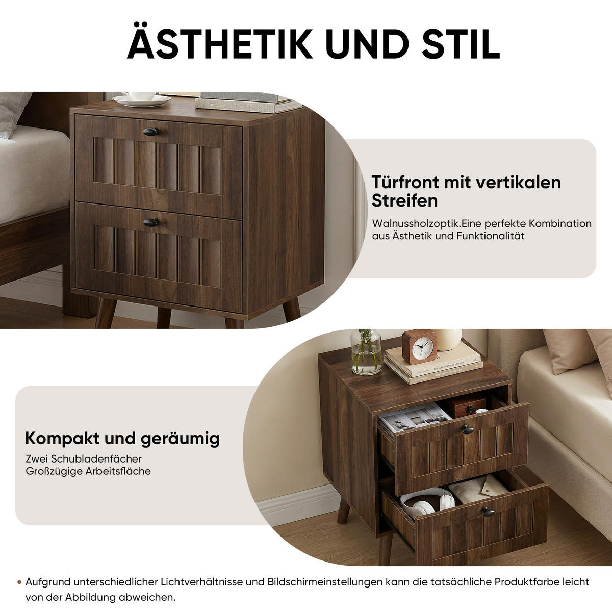 NACHTTISCH aus MDF und Spanplatte 43,5x40x57,5 cm Walnuss mit 2 Schubladen und gerillter Front - Walnussfarben, Holzwerkstoff (43.5/58/40cm) - Modfu