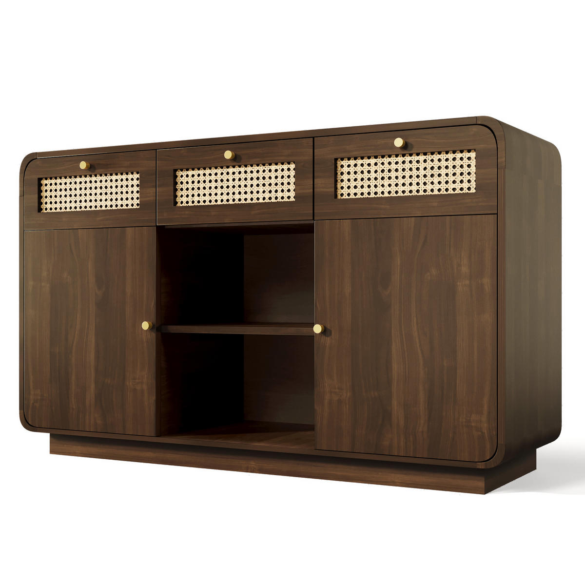 SIDEBOARD in Nussbaum mit Rattanfronten, 3 Schubladen und 2 Türen, Goldgriffe, 120/40/85 cm, Nussbaum - Walnussfarben, Holzwerkstoff (120/85/40cm) - Redom