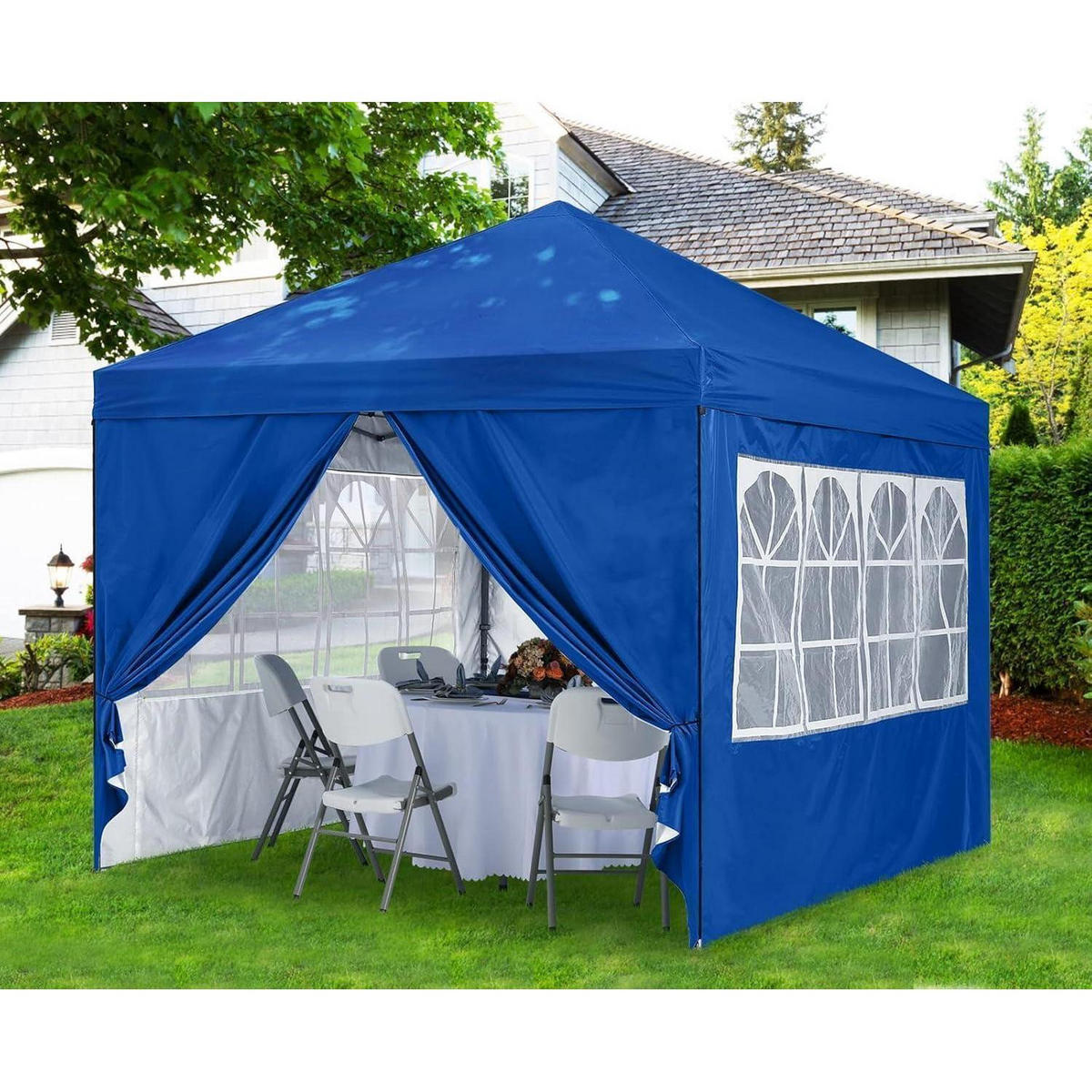 PAVILLON 2.5x2.5M wasserdicht Pop-Up Sonnenschutz mit Rolltragetasche Weiß - Blau, Textil (243.8/297.2/243.8cm)