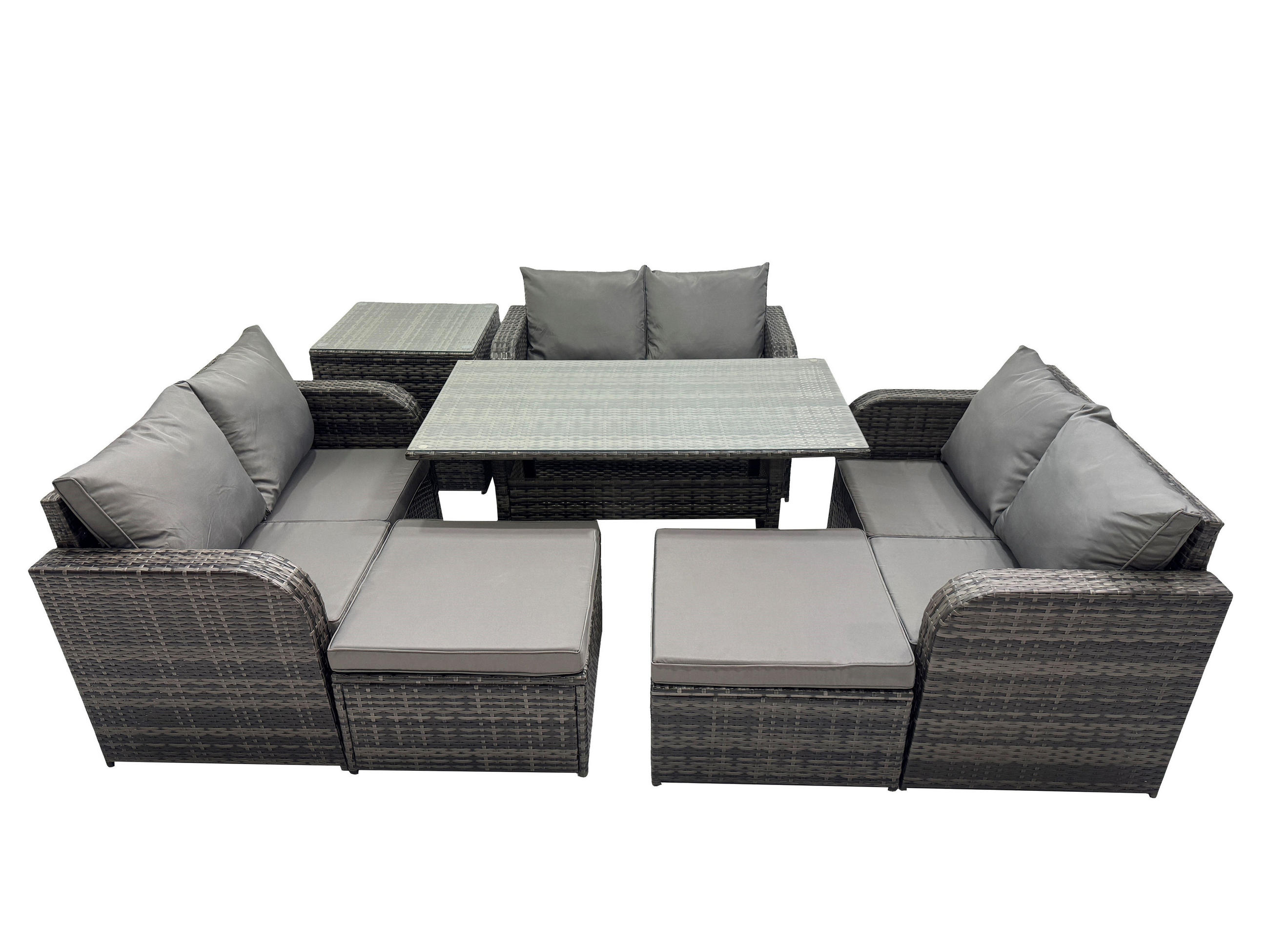 SITZGRUPPE mit Esstisch,Zweisitzer,2 Hockern,Beistelltisch Polyrattan 8-Sitzer - Dunkelgrau/Grau, Glas/Kunststoff - Fimous