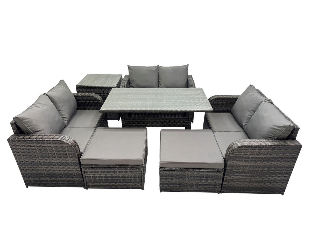 SITZGRUPPE mit Esstisch,Zweisitzer,2 Hockern,Beistelltisch Polyrattan 8-Sitzer - Dunkelgrau/Grau, Glas/Kunststoff - Fimous