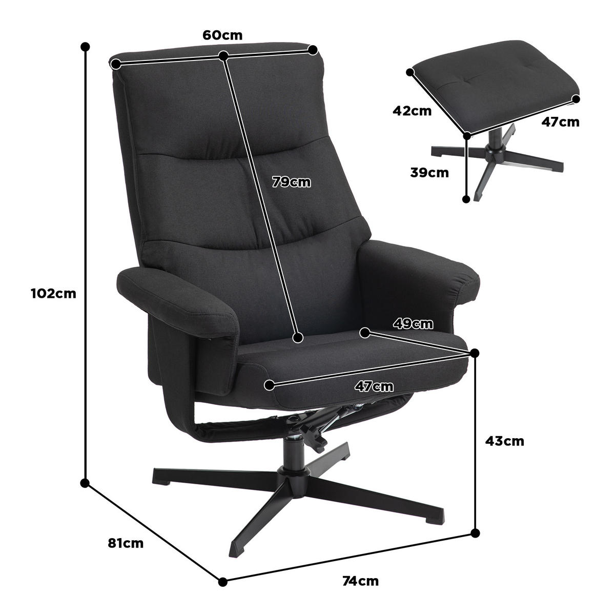 RELAXSESSEL mit Hocker, Gepolstert Fernsehsessel mit Liegefunktion, Schwarz - Schwarz, Textil/Metall (81/102/74cm) - HOMCOM
