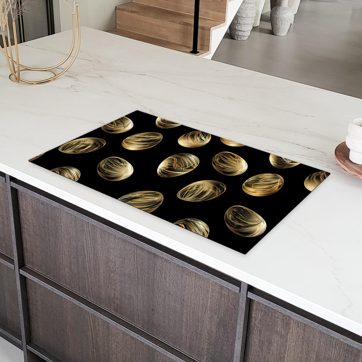 HERDABDECKPLATTE Eier - Gold - Muster Ceranfeldabdeckung 90x52 cm - Schwarz, Kunststoff (90/52/0.2cm) - MuchoWow