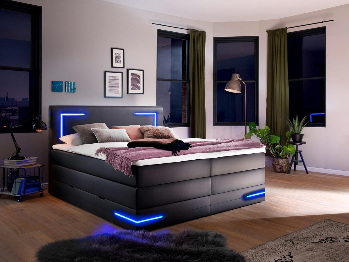 BOXSPRINGBETT Lights 2.0 Schwarz 180/200 cm H2/H3 Kunstleder - Schwarz, Textil (180/200cm) - wonello
