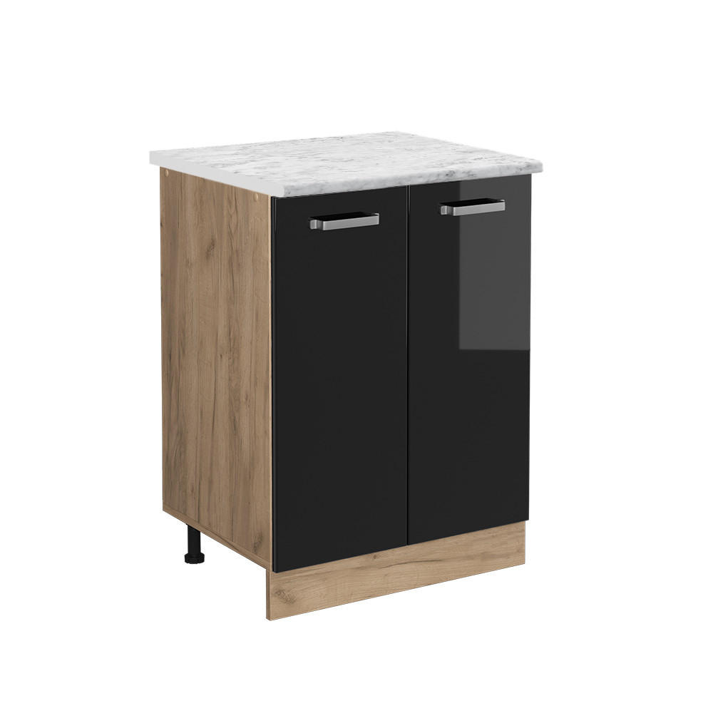 KÜCHENUNTERSCHRANK R-Line Schwarz Hochglanz 60 cm AP Marmor - Schwarz Hochglanz/Eiche Wotan, Holzwerkstoff (60/81.6/60cm) - Vicco