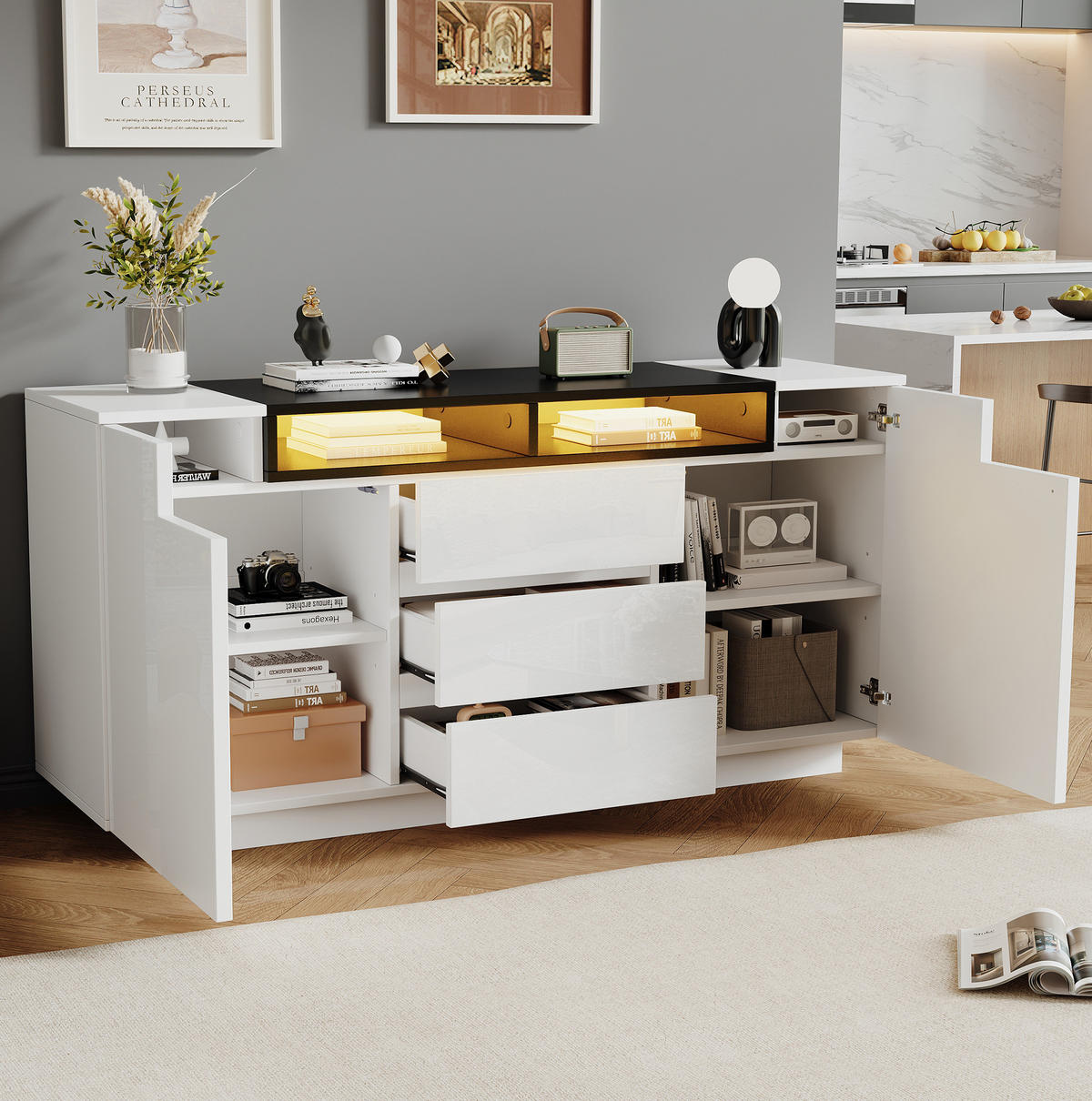 SIDEBOARD aus Spanplatte 140x40x68 cm Weiß/Schwarz mit LED-Beleuchtung, 3 Schubladen und 2 Türen - Weiß, Holzwerkstoff (140/68/40cm) - IVMEU