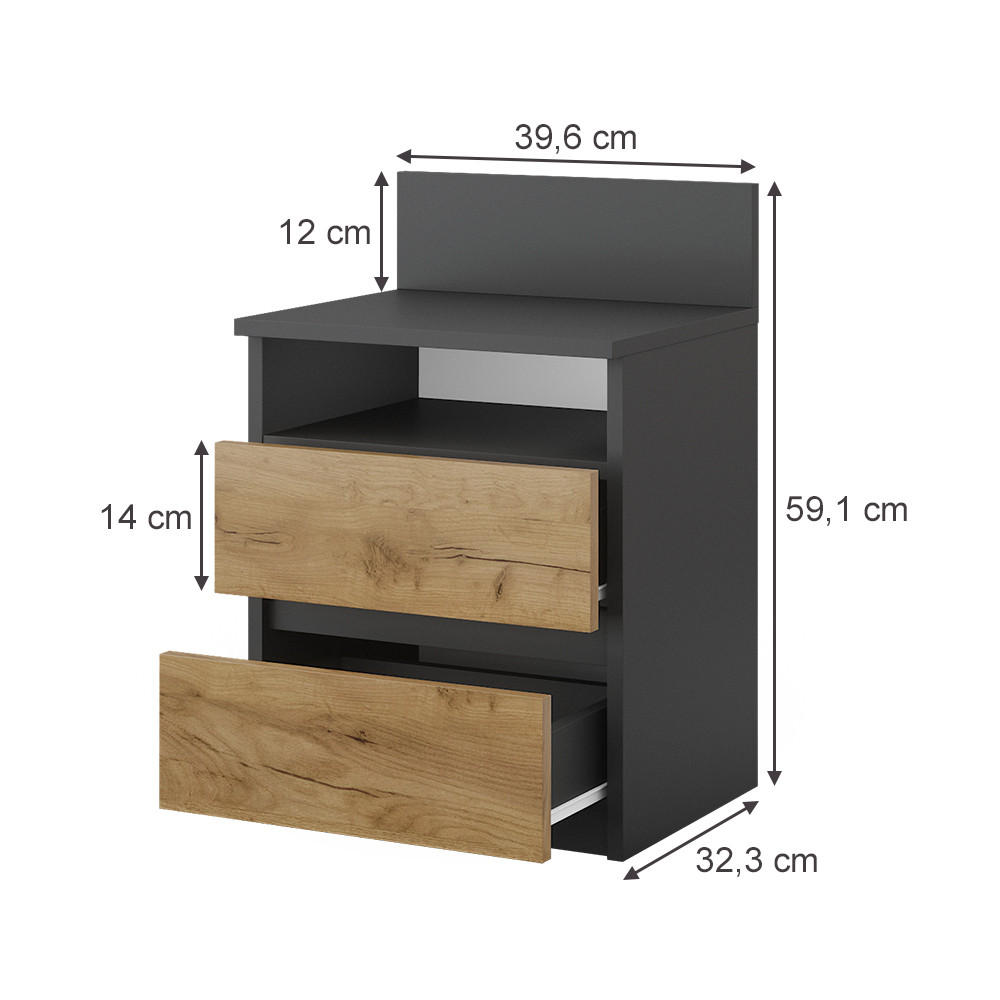 NACHTTISCH Monty Anthrazit/Goldkraft Eiche 2er Set - Honigeiche/Anthrazit, Holzwerkstoff (39.6/59.1/32.3cm) - Vicco