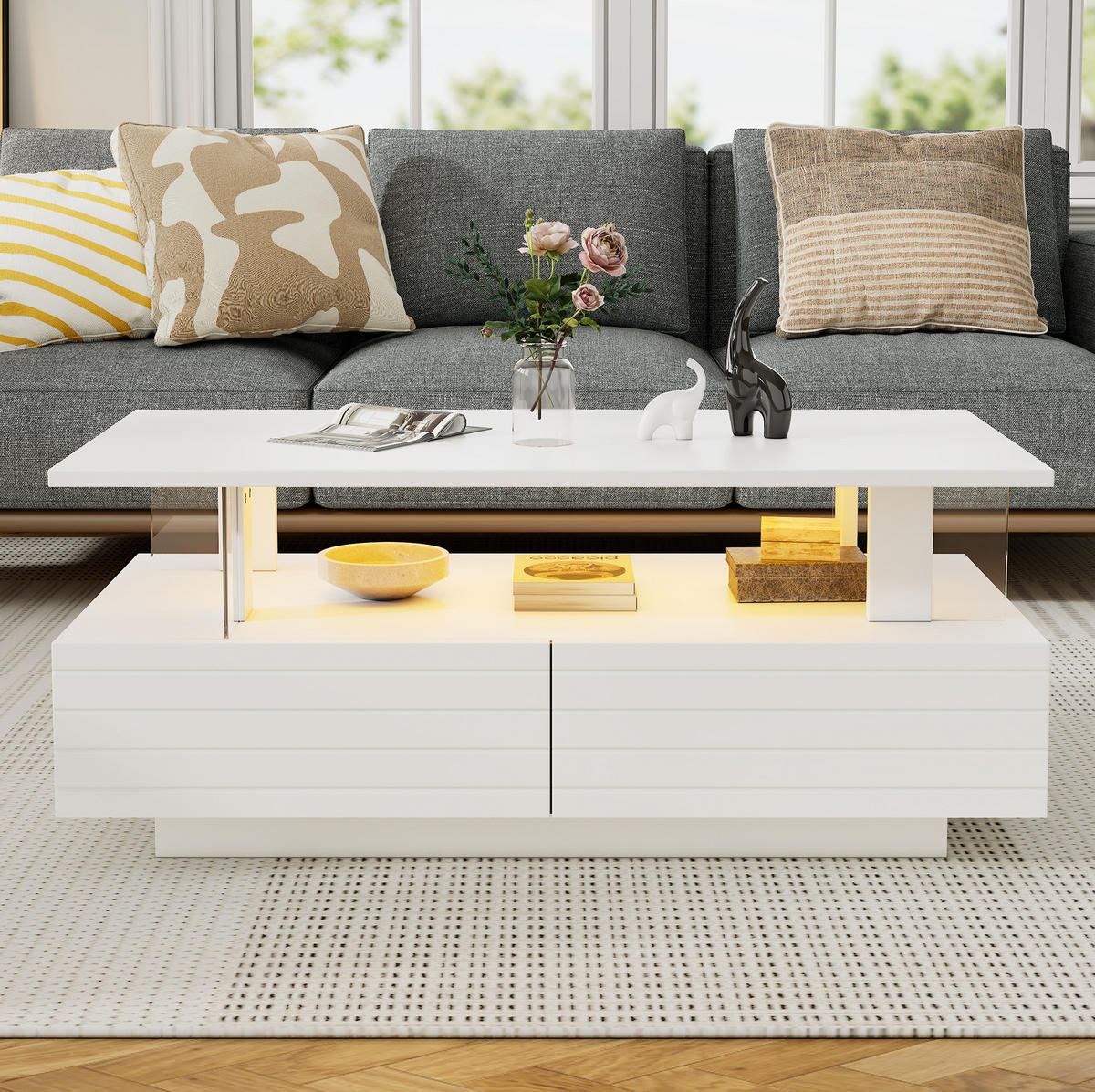 KONFERENČNÝ stolík LED 100/50/42 cm biely s úložným priestorom - biela, kompozitné drevo (100/50/42cm) - Flora Grace
