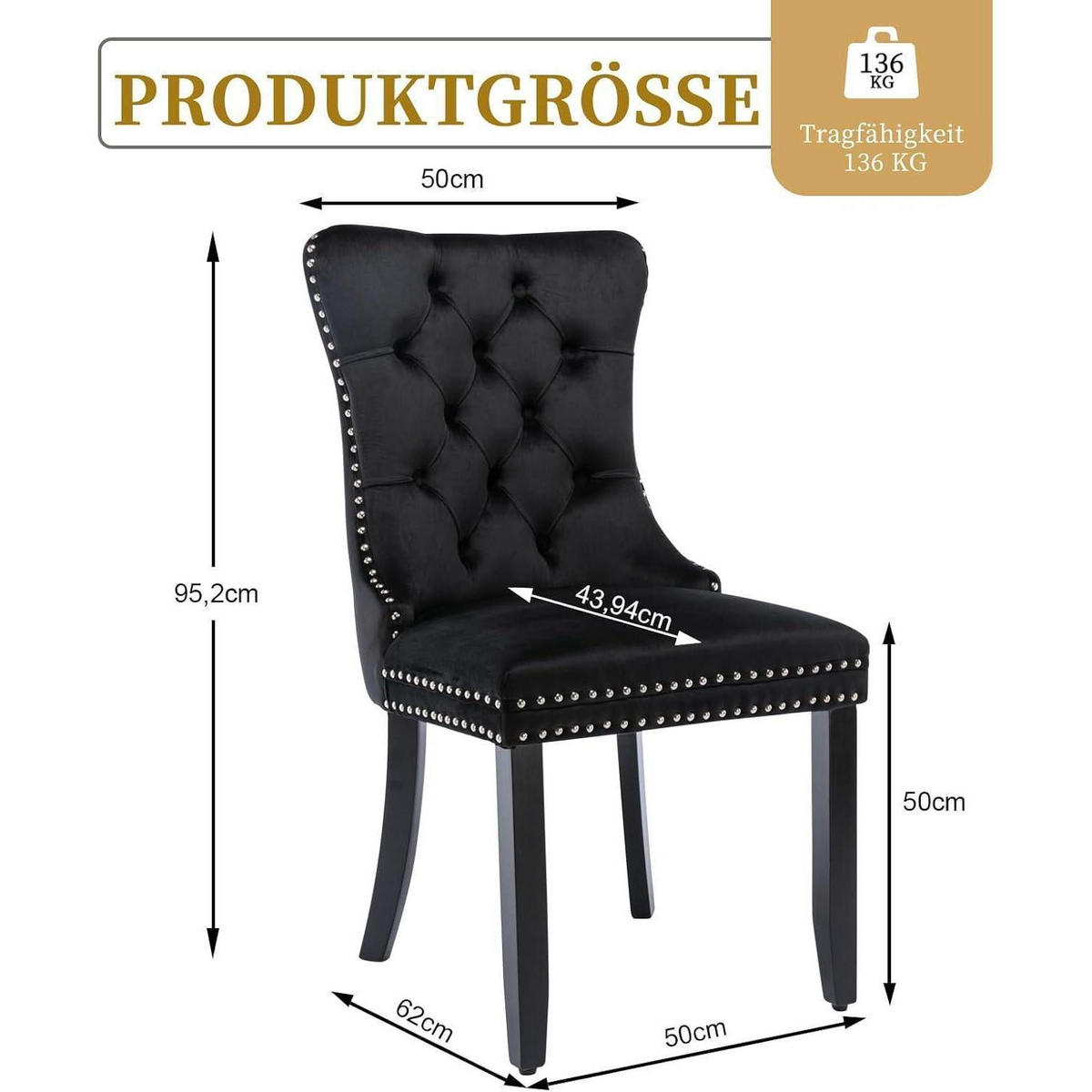 ESSZIMMERSTÜHLE 6er-Set Schwarz Samt mit Massivholzbeinen - Schwarz, Textil (50/95.2/62cm)
