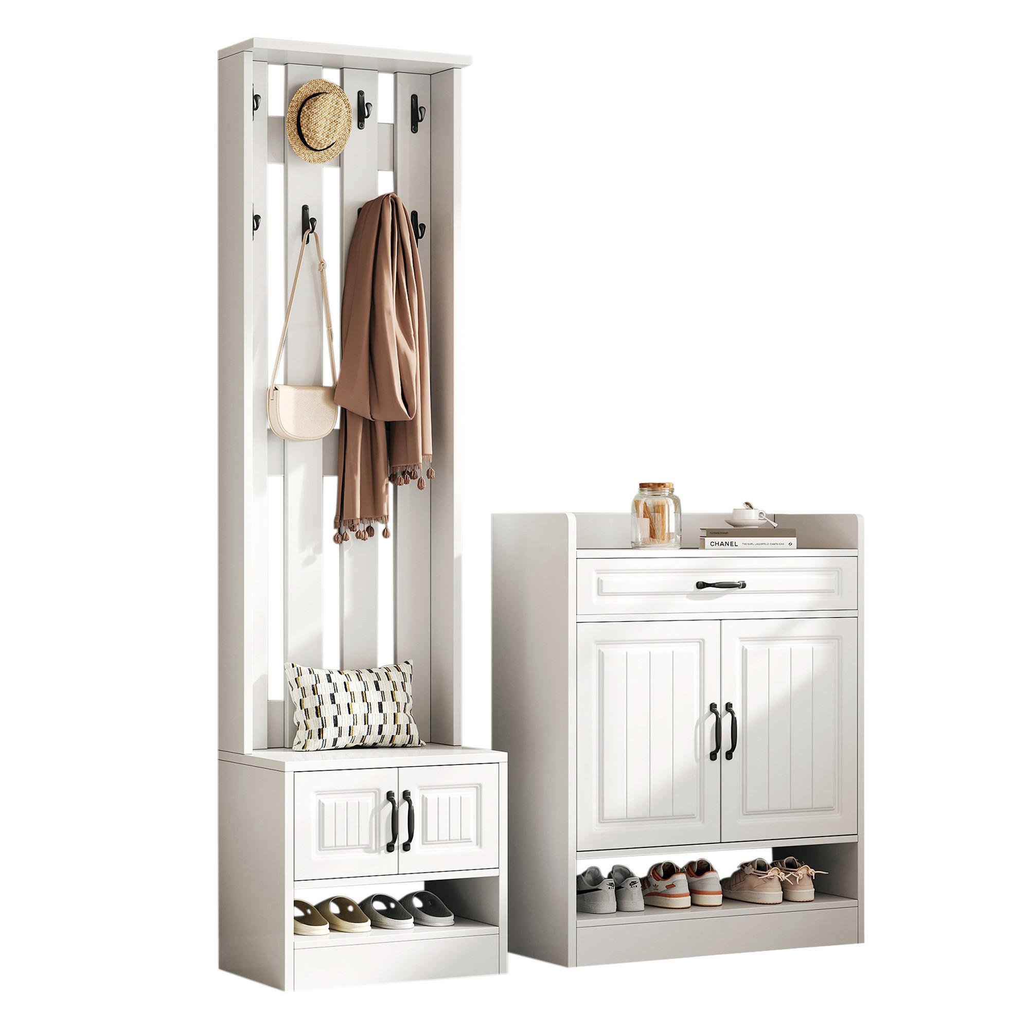 GARDEROBEN-SET in Weiß Komplett-Garderobe mit Schuhbank Schrank & Wandpaneel - Weiß, Holzwerkstoff (125/190/36cm) - Urban Meuble