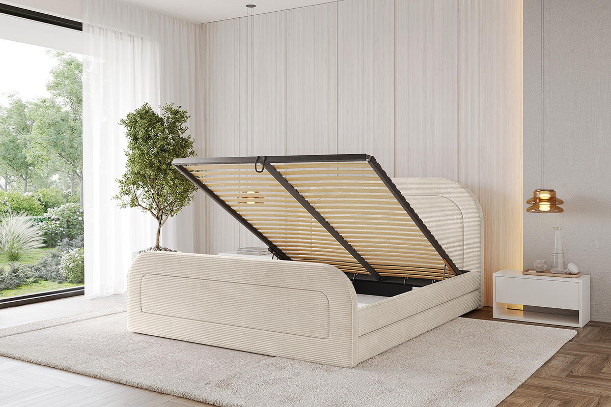 POLSTERBETT mit Bettkasten, Fußteil und Lattenrost, Boxbett mit Matratze H3/H4 - LERIS-Z 120x200 Beige - Creme, Holzwerkstoff/Textil (120/200cm) - ALTDECOR