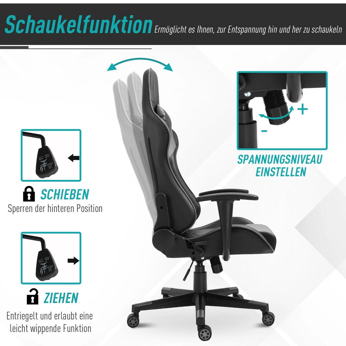 GAMING Stuhl, ergonomischer Bürodrehstuhl mit Kopf- und Lendenkissen, neigbarer Rückenlehne, Schwarz - Schwarz, Leder (53/126/67.5cm) - BRILVERDE