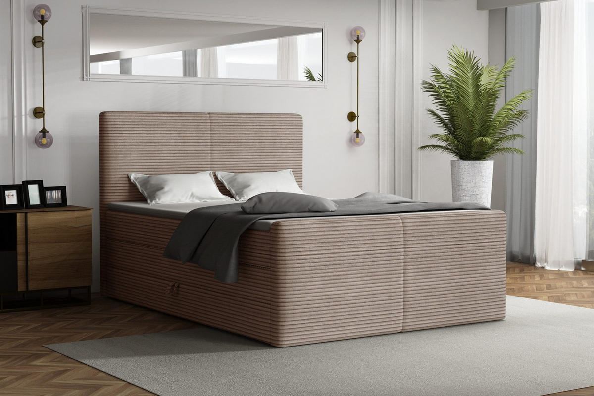 BOXBETT ROCKY 180/200 in Cord Beige mit Doppelmatratzen H3 - Beige, Holz/Holzwerkstoff (140/200cm) - Deine Möbel 24