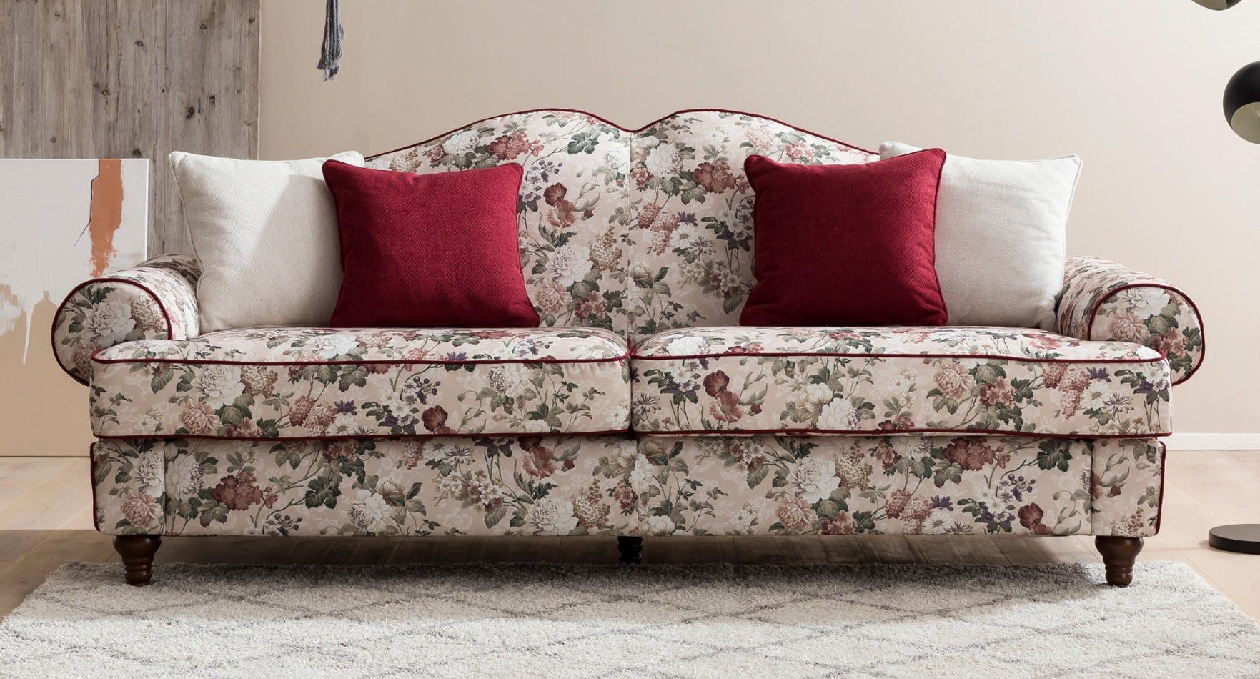 SOFA 3,5-SITZER creme Landhaus, Blumen Design, Couch 228 cm - Beige/Multicolor, Holz/Textil (228/96/90cm) - Furn.Design