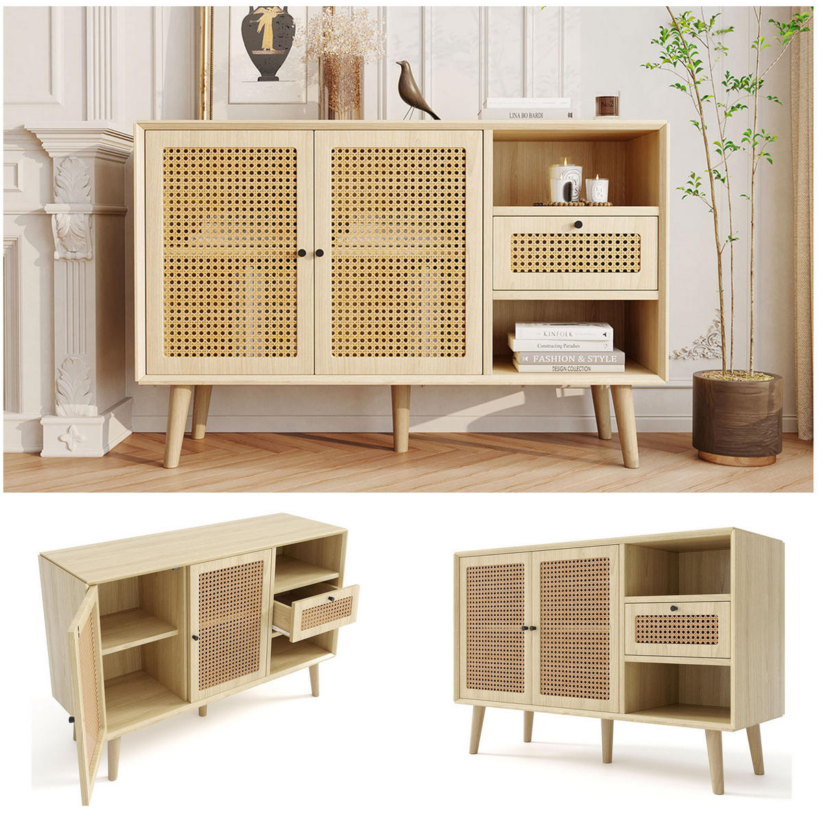 SIDEBOARD 120/40/80 cm Eiche aus MDF und Metall mit Rattangeflecht - Eichefarben, Holzwerkstoff (40/80/120cm) - OKMYHOME