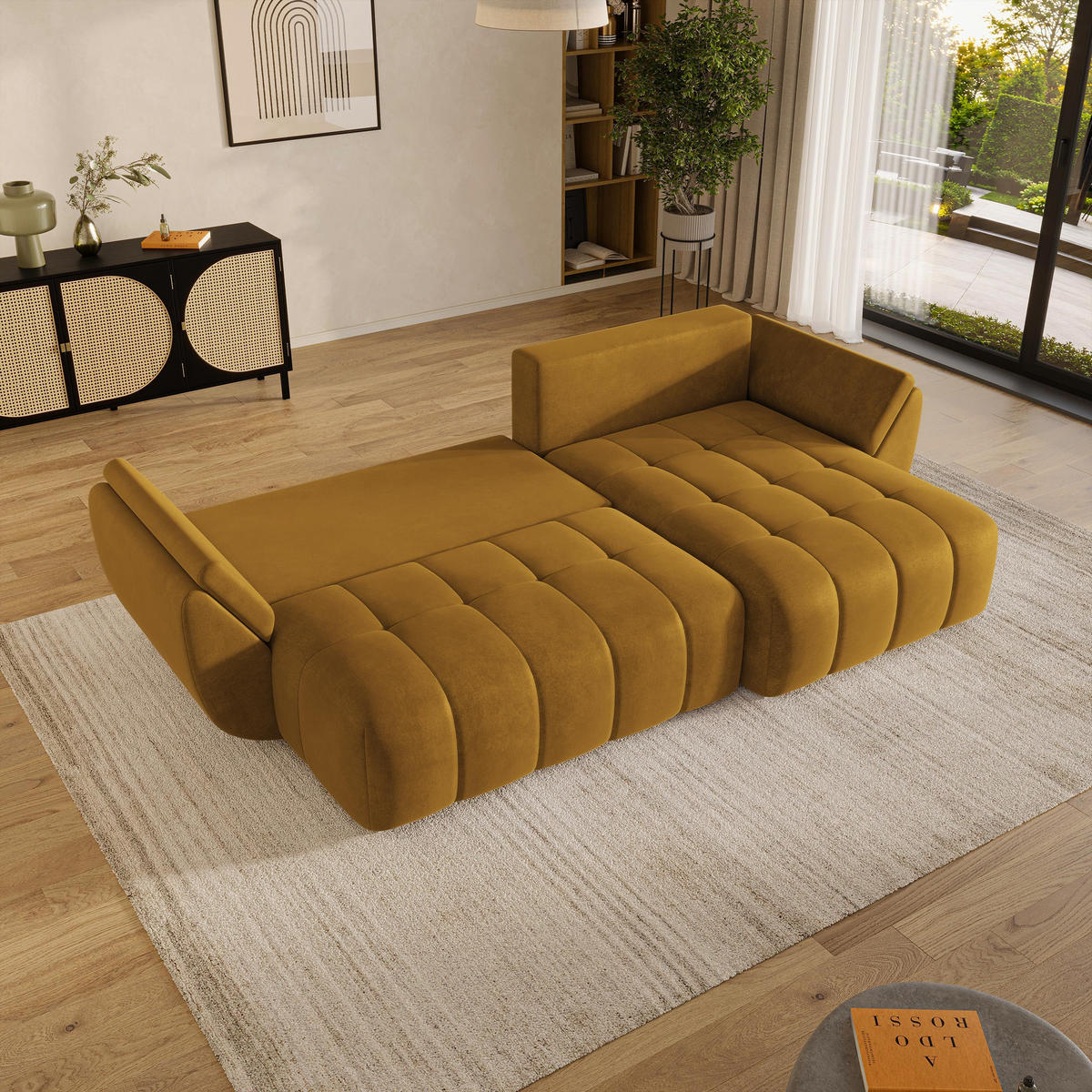 ROHOVÁ Sedačka OLSI MONOLITH 48, Žlutá - šedá/žlutá, dřevo/textil (285/148cm) - MASSENO