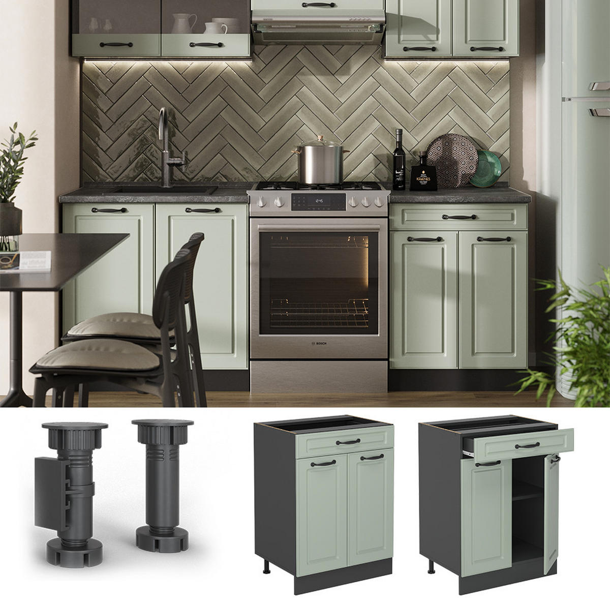 KÜCHENUNTERSCHRANK R-Line, Mint Landhaus/Anthrazit, 60 cm mit Schublade Arbeitsplatte Goldkraft Eiche - Anthrazit/Grün, Holzwerkstoff (60/81.6/60cm) - Vicco
