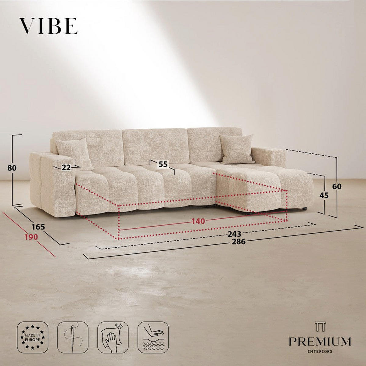 ECKSOFA rechtwinklig VIBE Geprägter Samt Taupe 286cm - Taupe, Textil (286/165cm) - Premium Interiors