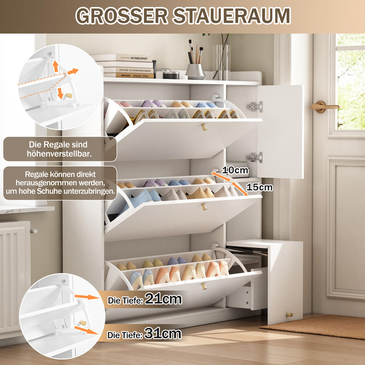 SCHUHSCHRANK 119/24/122 cm mit 3 Klappen, Schublade, klappbarer Sitzbank und verstellbaren Böden, Weiß - Weiß, Holzwerkstoff (119/122/24cm) - Redom