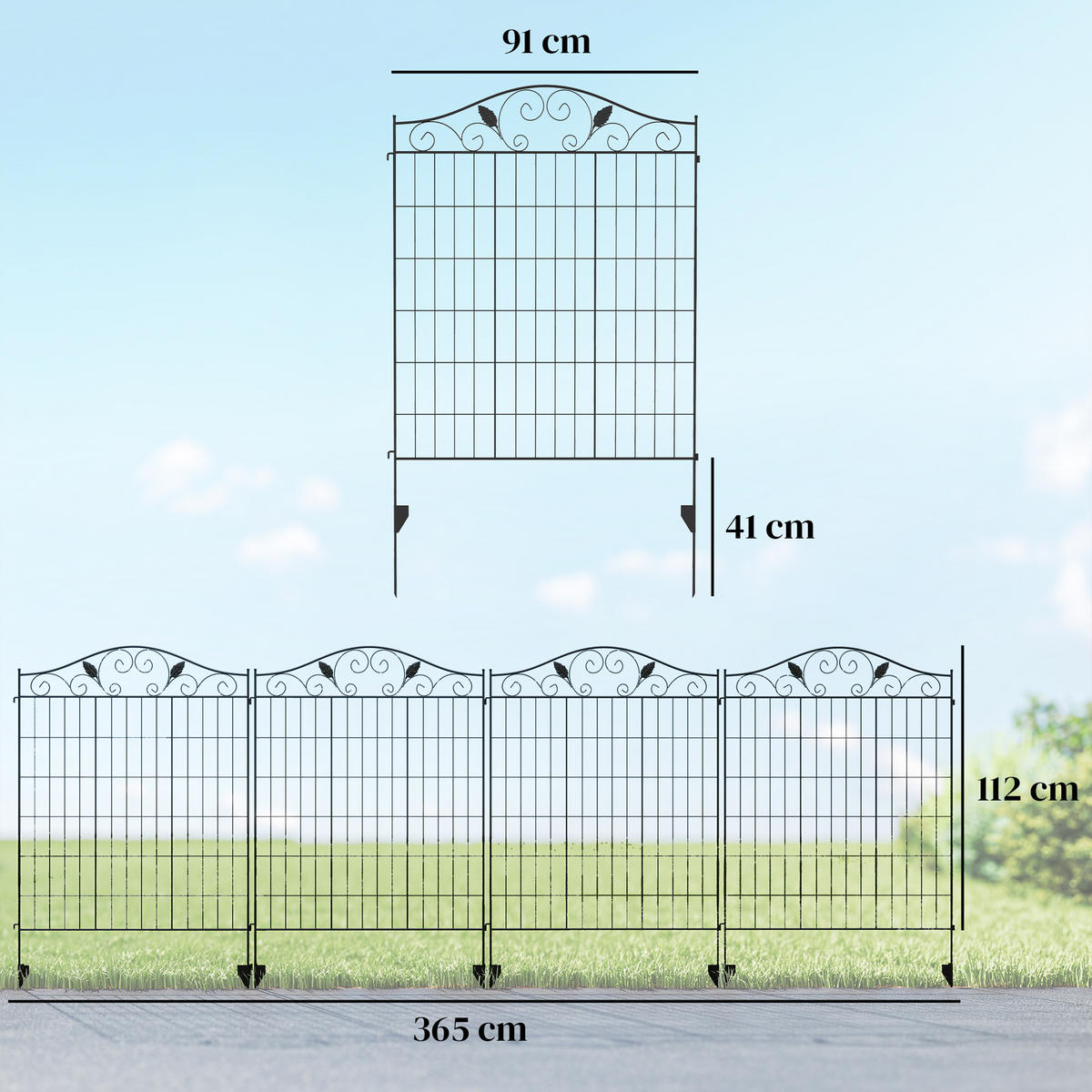 GARTENZAUN, Metall, Schwarz - Schwarz, Metall (1/112cm) - Outsunny