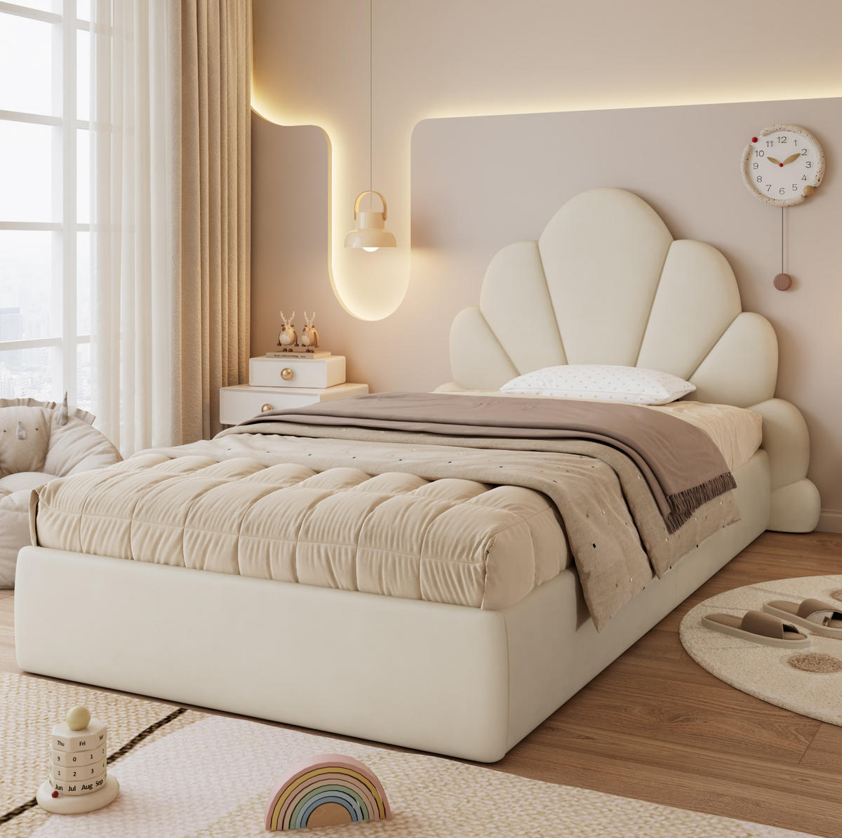POLSTERBETT 90/200 cm Beige mit Blütenkopfteil aus Samt - Beige, Textil (90/200cm) - OKWISH