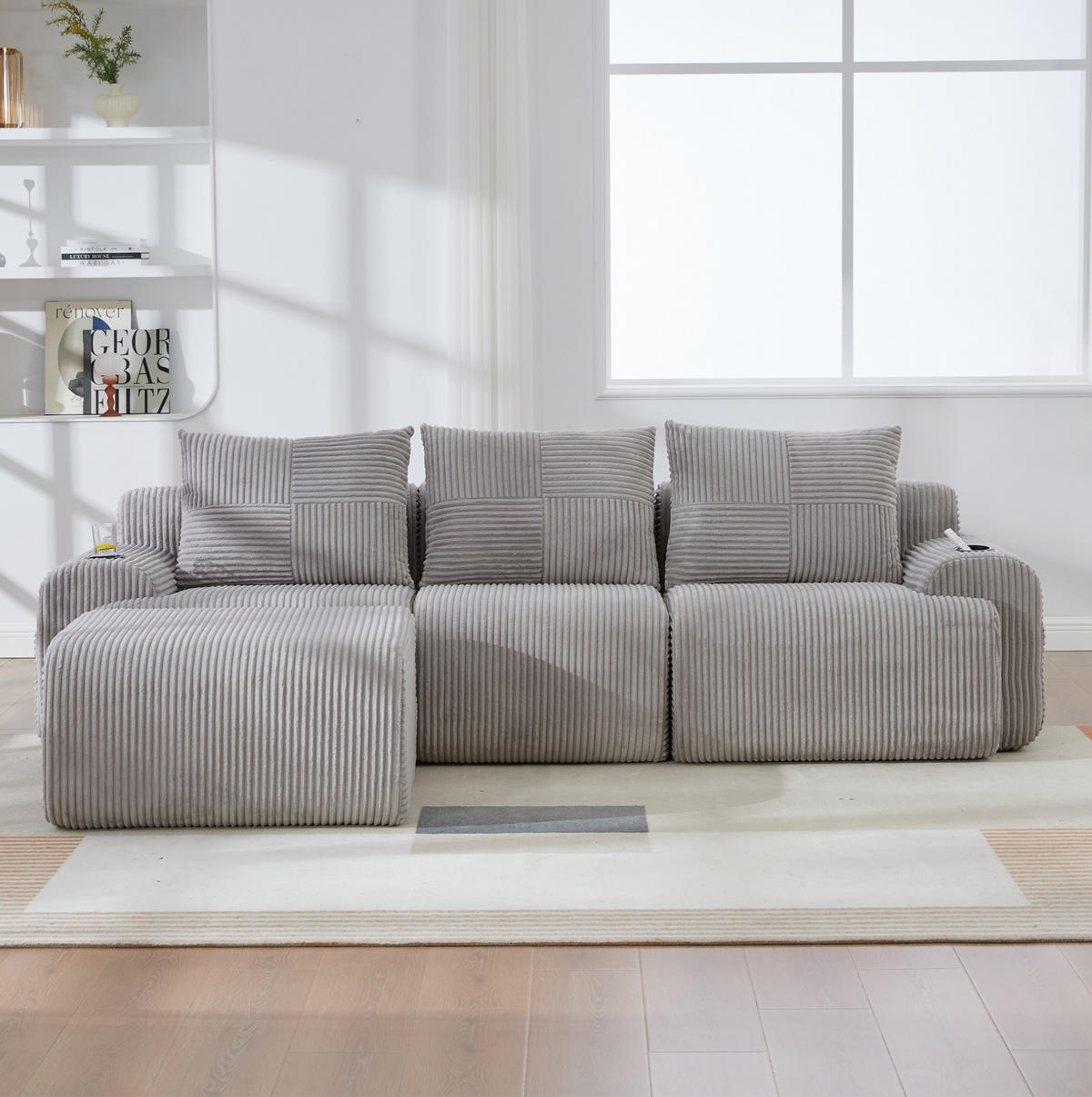 SOFA modular 3-Sitzer 268 x 174 cm Cord Hellgrau mit Hockern - Hellgrau, Kunststoff (174/268cm) - Meubliv