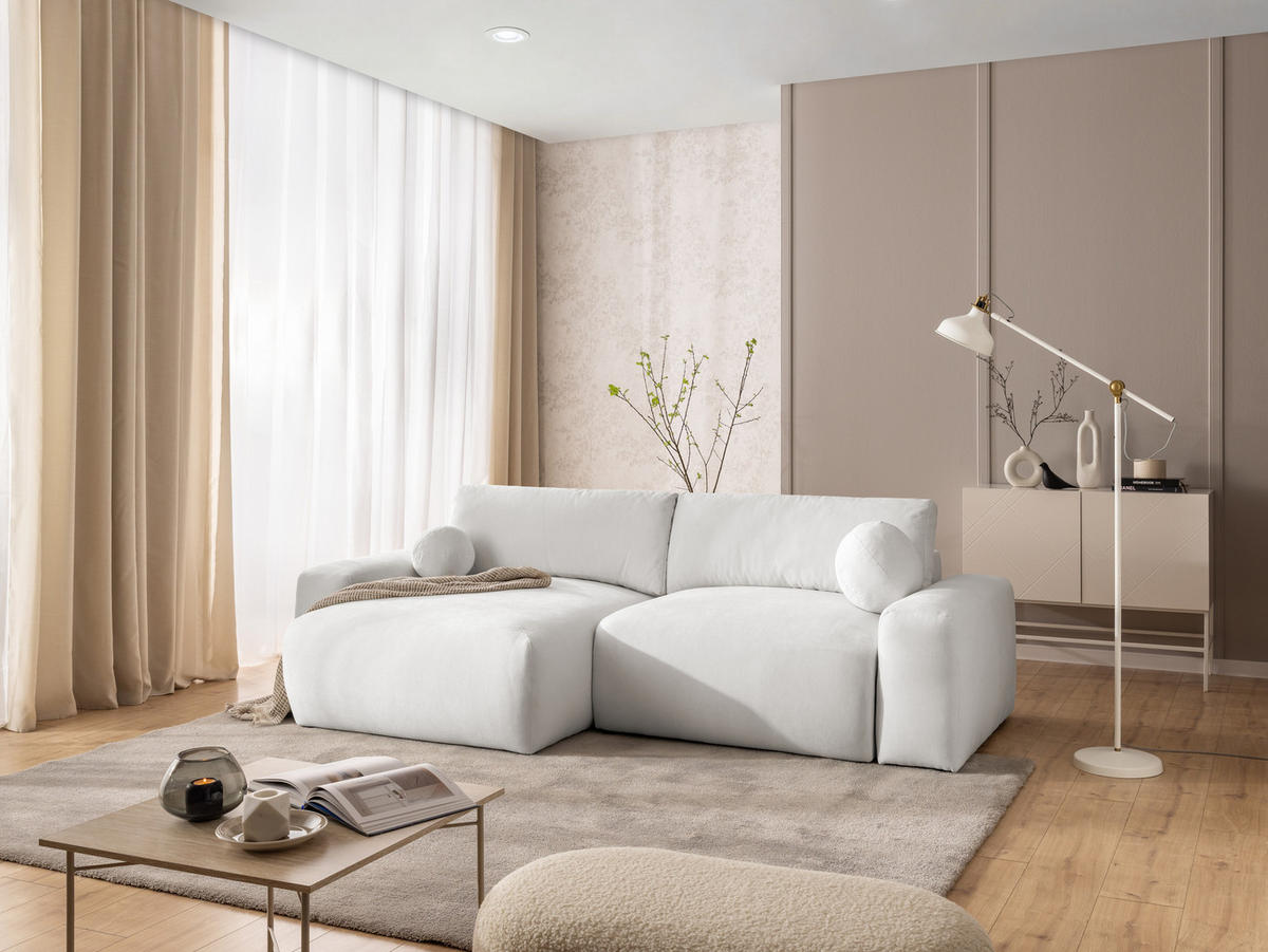 ECKSOFA Puffy mit Schlaffunktion und Bettkasten - besonders weich und puffig aus Creme Webstoff - Ottomane links - Creme/Schwarz, Holz/Kunststoff (138/266cm) - S-Style Möbel