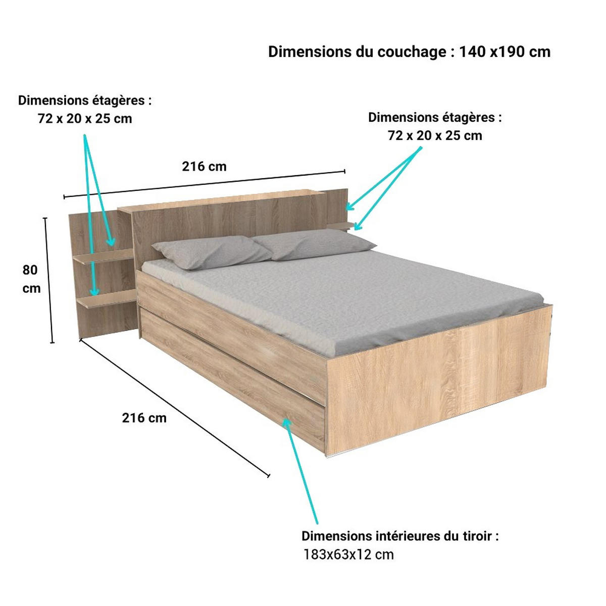BETT CITY mit Kopfteil und Schublade/ Bett 140x190 - Eiche gebleicht Dekor - Sonoma Eiche, Holzwerkstoff (140/190cm) - Weber Industries