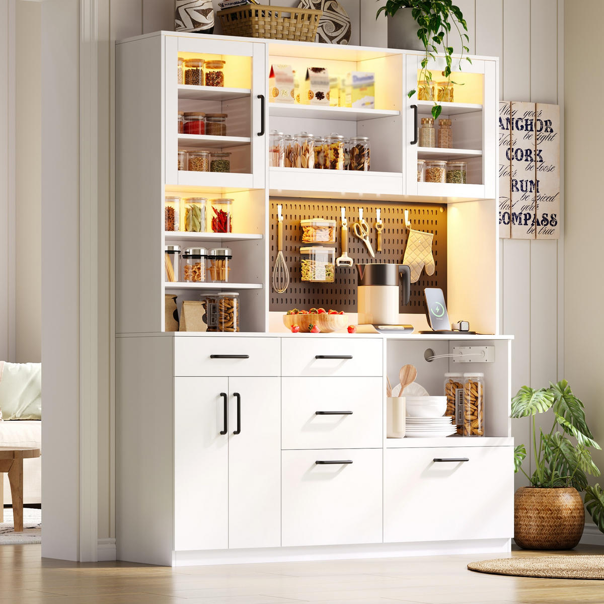 BUFFET 185 cm MDF Weiß mit RGB-LED, Lochplatte und Glasfront - Weiß, Holzwerkstoff (40/185/145cm) - Korfee