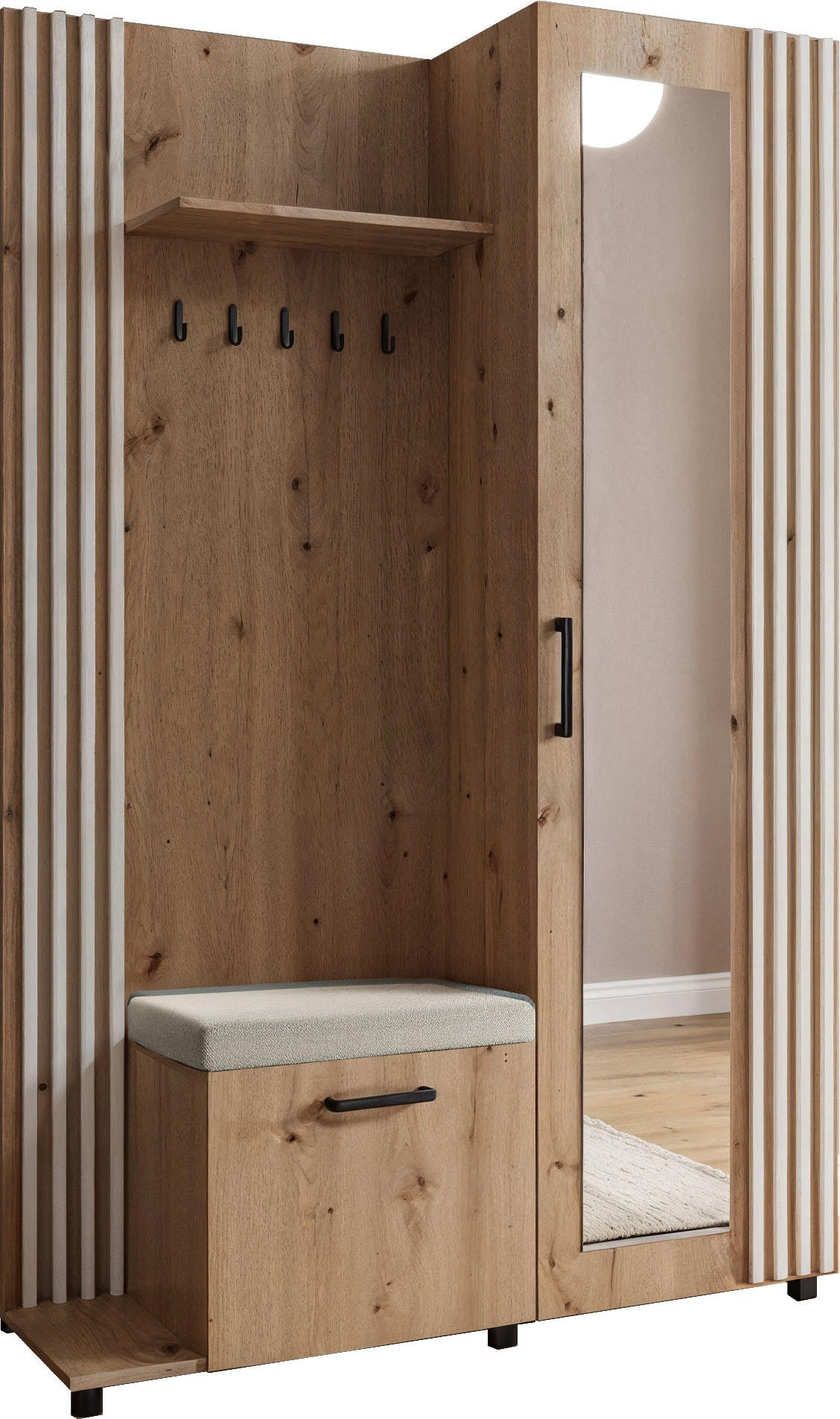 GARDEROBE Linaro mit Spiegel, Sitzbank in Lamellen-Optik 137/207/42 cm, Links - Schwarz/Braun, Holzwerkstoff (137/207/42cm) - WFL GROUP