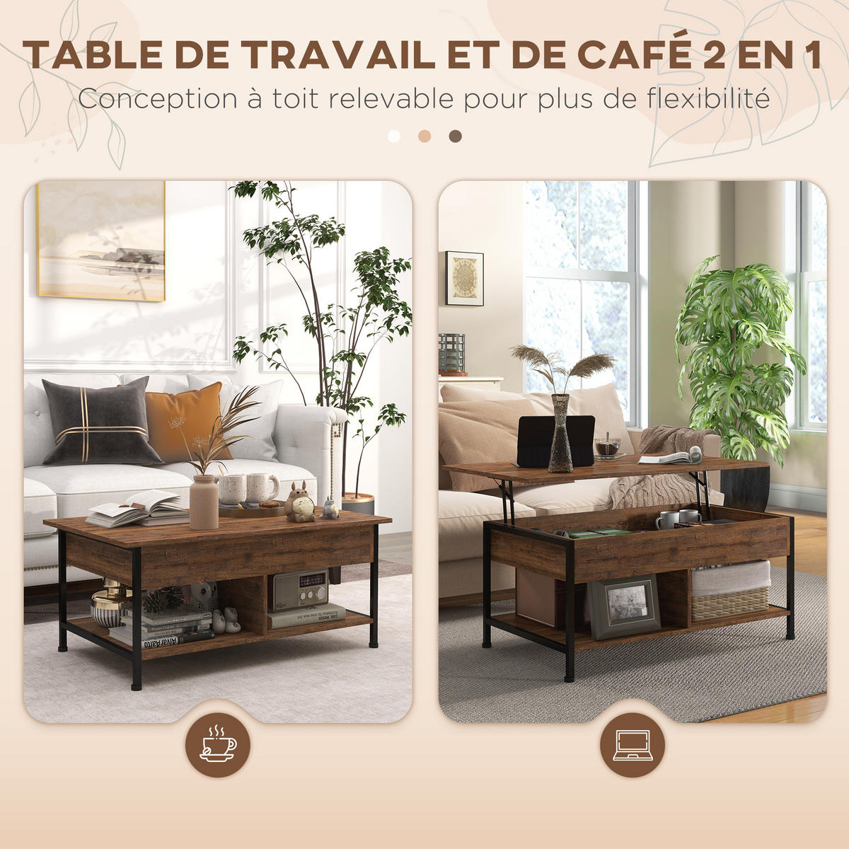 COUCHTISCH DE-15750 klappbare Platte Rostbraun - Braun, Holzwerkstoff (100/60/46cm) - ComfortXL
