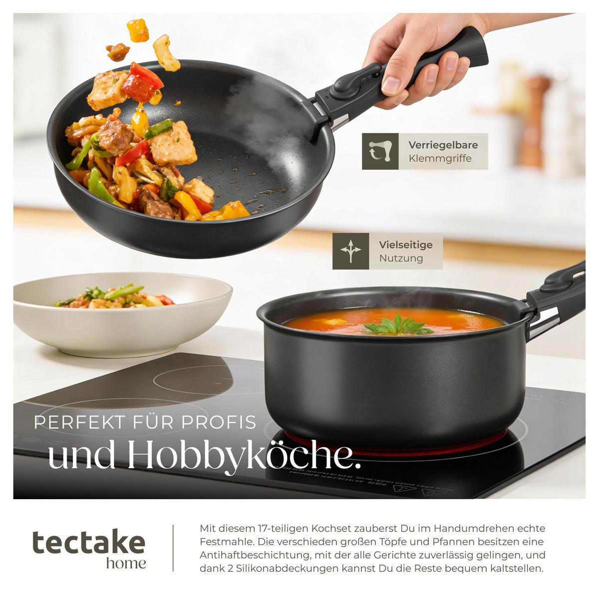 KÜCHENSTARTERSET 47er Set Una/Parma, inklusive Topfschonern und anklemmbaren Griffen, schwarz/taupe - Taupe/Schwarz, Keramik (30/8.5/46.5cm) - tectake