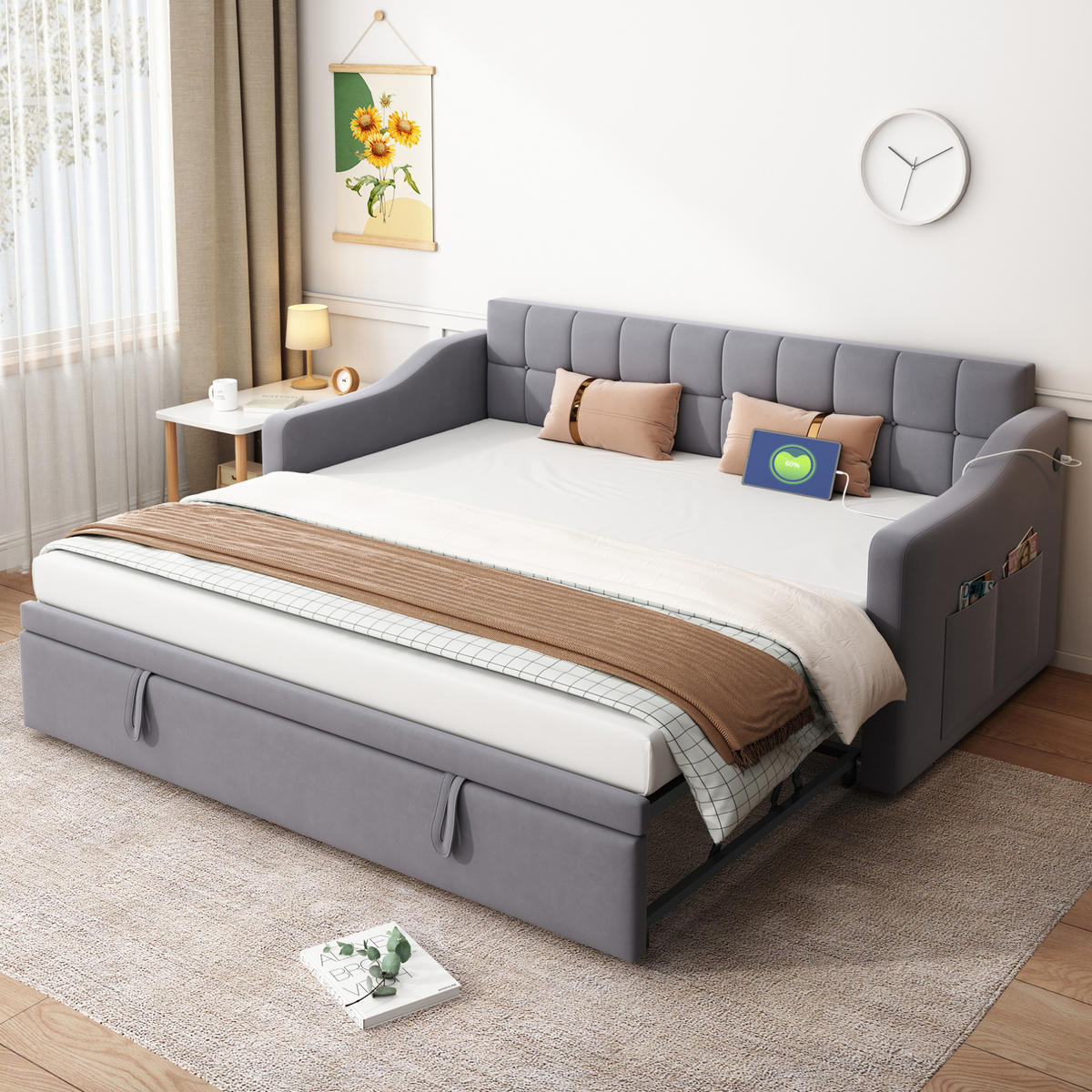 POLSTERBETT 90/180×190 cm Grau aus Samt mit USB-Anschlüssen - Grau, Textil (90/190cm) - Flora Grace