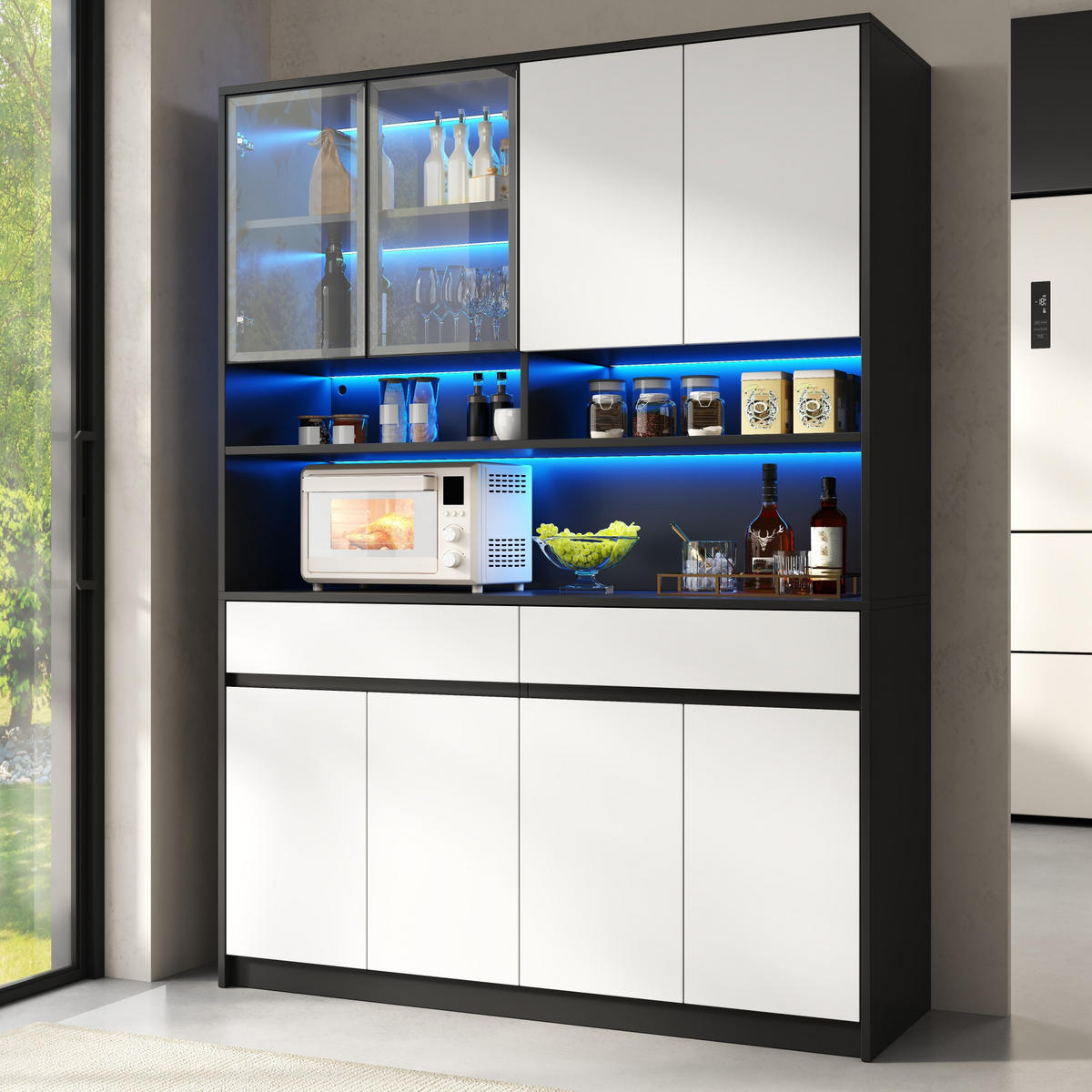 BUFFET Hochschrank mit LED-Glasfach, offenen Ablagen und App-Steuerung - Weiß, Holzwerkstoff (38/160/120cm) - Korfee