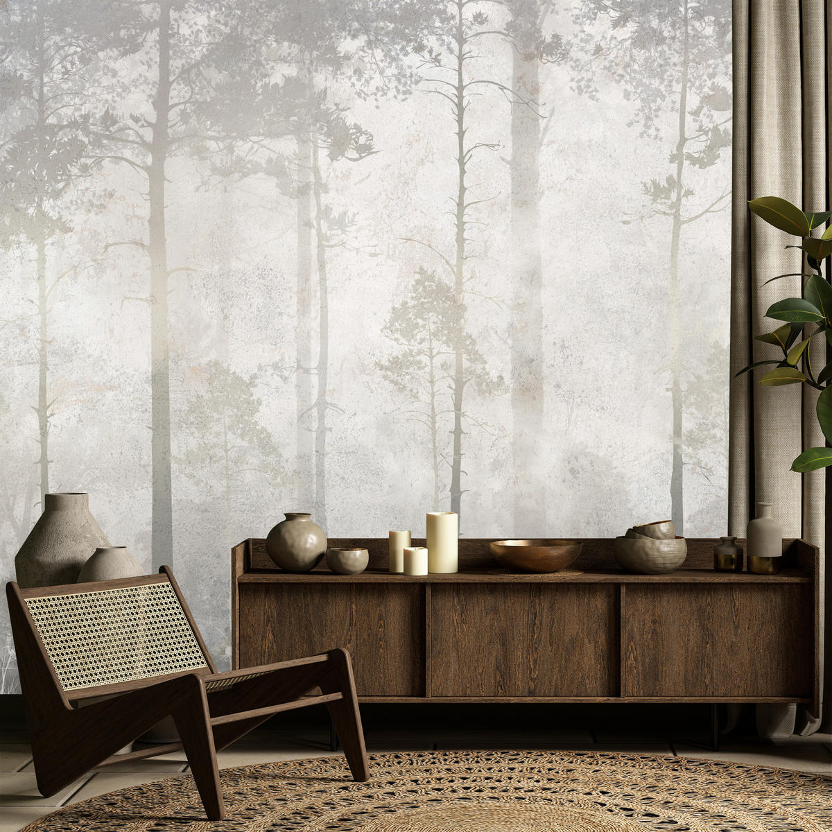 FOTOTAPETE für Wohnzimmer Nebliger Wald Vintage Bäume 300x210 - Beige/Grau, Papier (300/210cm) - Muralo