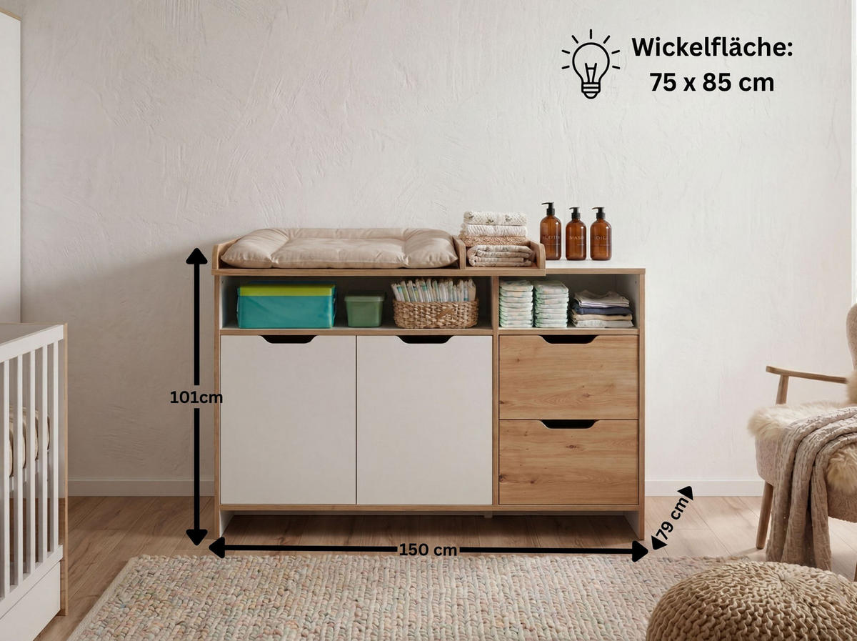 XXL-WICKELKOMMODE Maxim 150/101/79 cm Soft-Close - Weiß/Eiche Artisan, Keramik/Holzwerkstoff (150/101/79cm) - arthur berndt