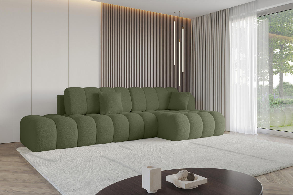 ECKSOFA mit Schlaffunktion Ottomane RECHTS OLEA-L2 321x164x75 Grün Bouclé - Schwarz/Grün, Holzwerkstoff/Kunststoff (164/321cm) - ALTDECOR