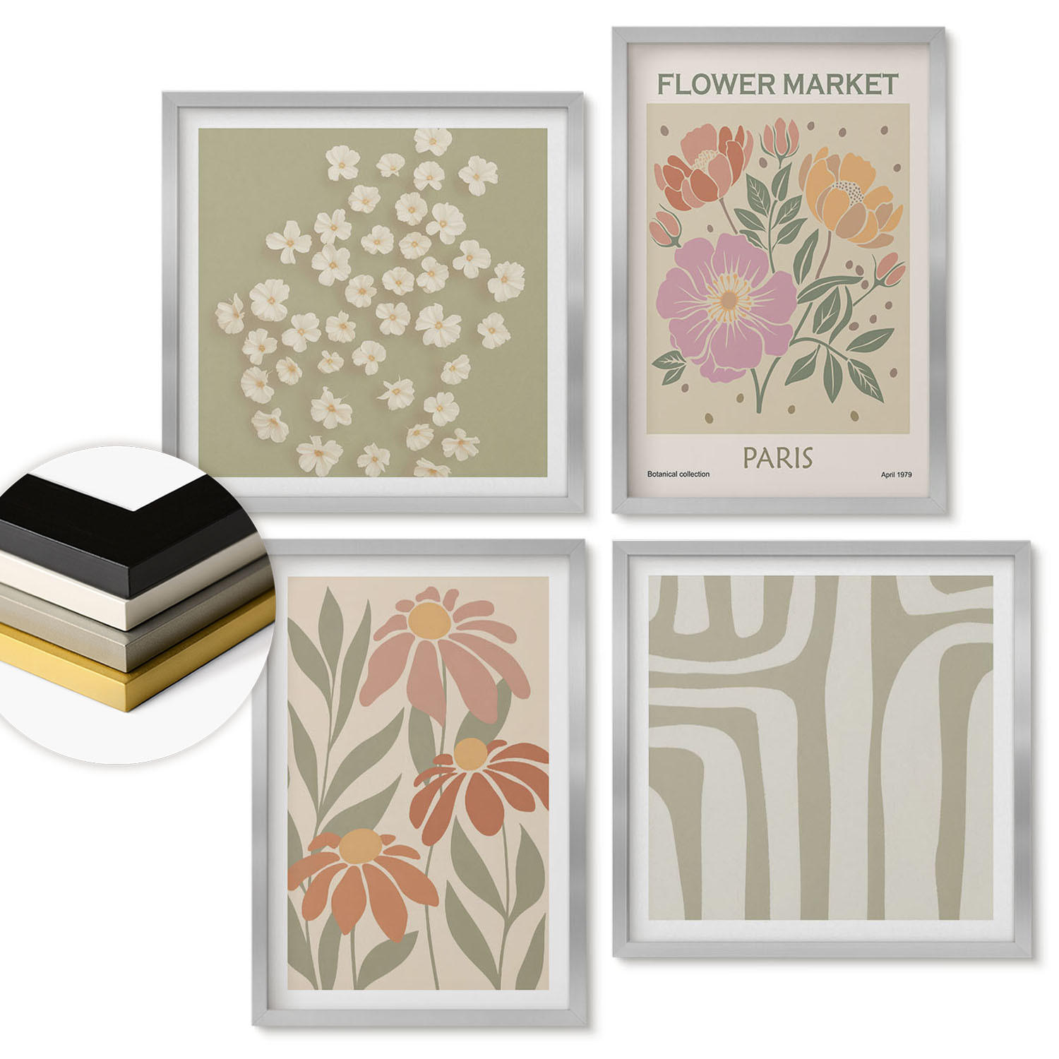 WANDBILDER 4er Set - 50x50 cm & 40x60 cm Silberner Rahmen - Botanische Motive, Pariser Minimalismus - Silberfarben, Kunststoff (50/50cm) - ArtPrintCave