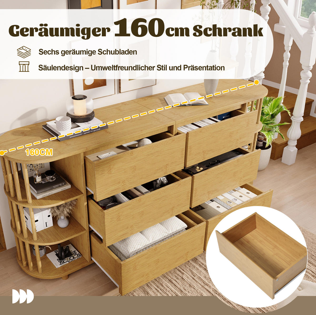 SIDEBOARD 160/40/75 cm Eiche aus MDF und Bambus mit 6 Schubladen - Naturfarben, Holzwerkstoff (40/75/160cm) - OKMYHOME