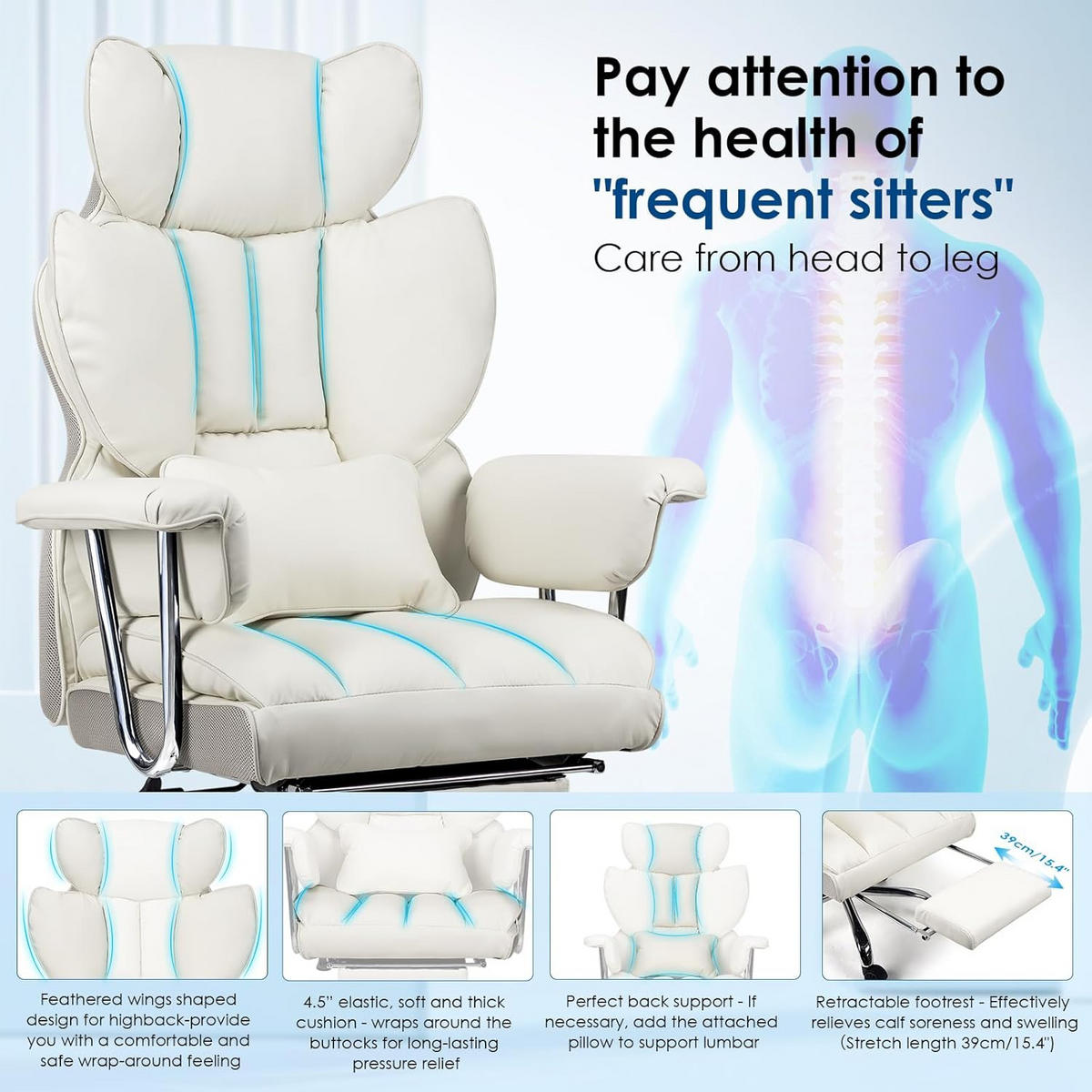 CHEFSESSEL ergonomisch, Leder, Fußstütze – Weiß - Weiß, Metall (58/128/50cm) - Rattantree