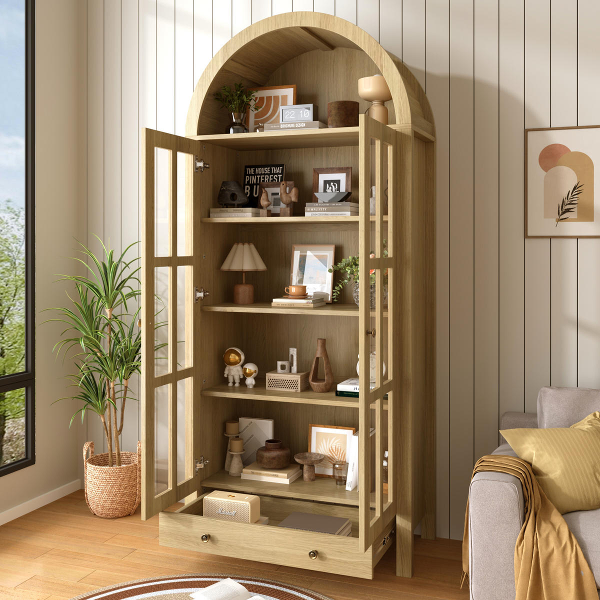 HIGHBOARD Bogen-Design Holzoptik mit Acryl-Türen & Schublade - Naturfarben, Holzwerkstoff (75/170.5/35cm) - Urban Meuble