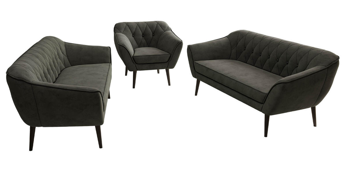 SITZGARNITUR PIRS 3+3+1 - Dunkelgrau Velvet - Schwarze Beine - Dunkelgrau/Schwarz, Holzwerkstoff/Textil (180/75/74cm) - MKS
