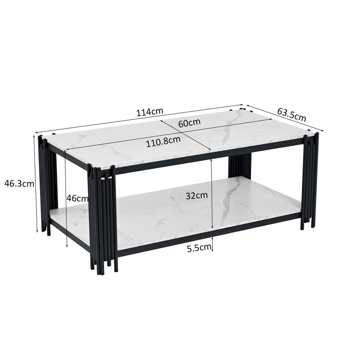 COUCHTISCH 114/64/46 cm weiß/schwarz aus MDF und Metall mit 2 Ablagen - Schwarz, Holzwerkstoff (114/64/46cm) - OKMYHOME