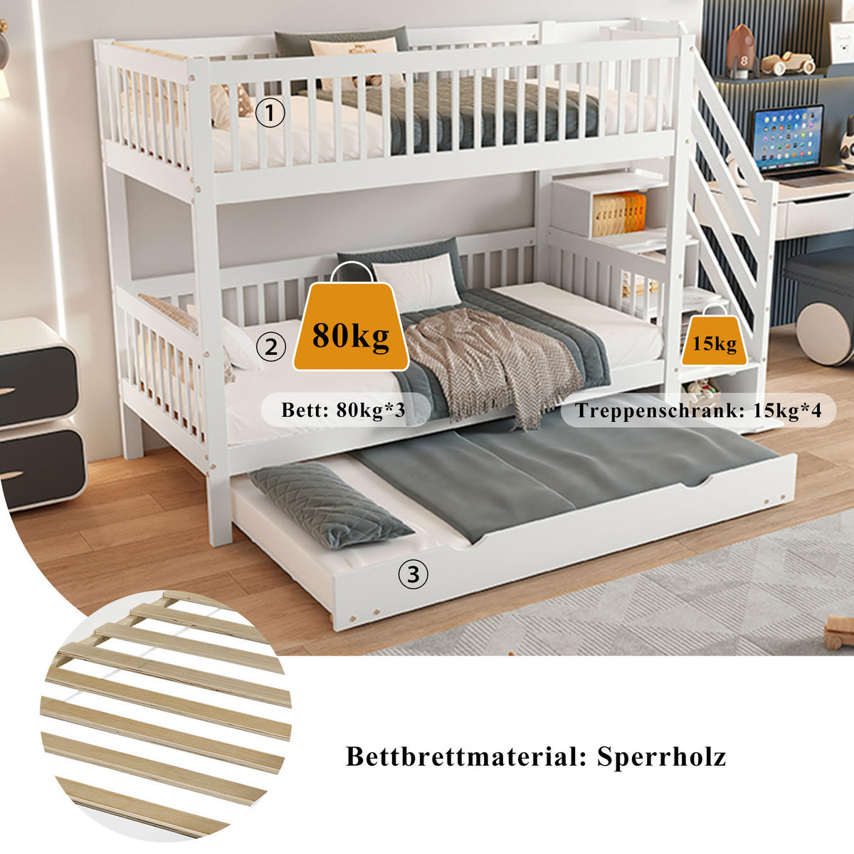 ETAGENBETT 90/90x200 cm Rollbett weiß - Weiß, Holz (90/200cm) - LEBENLANG