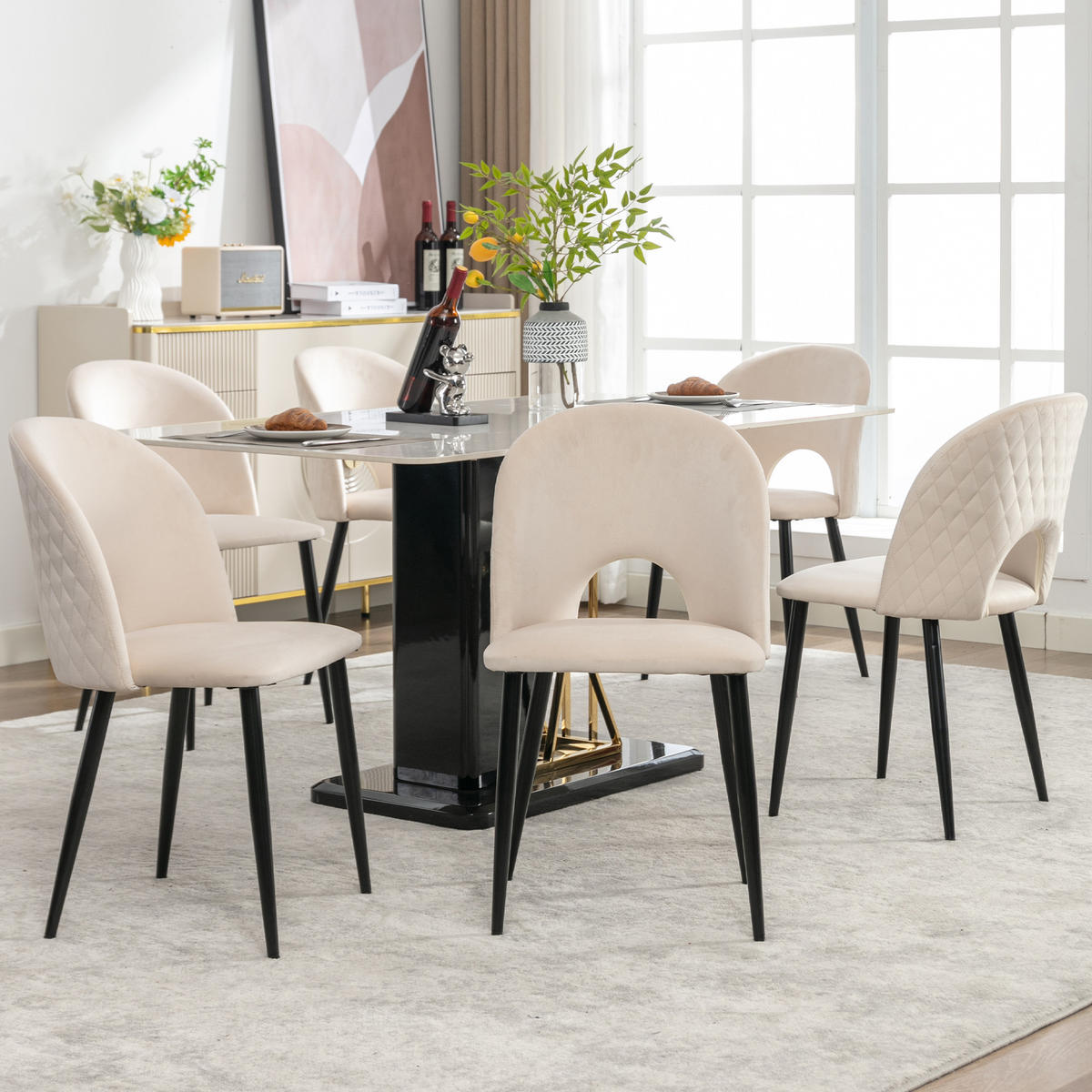 WOHNZIMMER STÜHLE mit Diamantmuster, Samtbezug und verstellbaren Füßen Beige - Beige, Textil (47/84/44cm) - EVRYAE