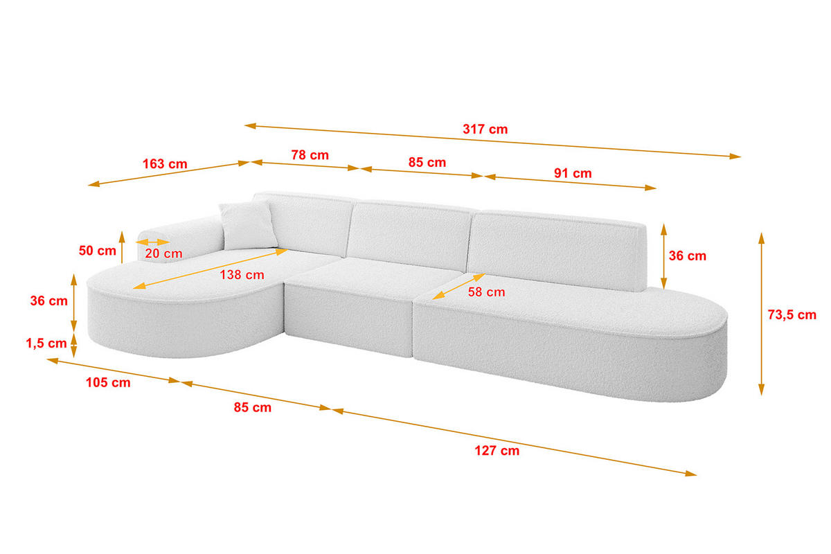 ECKSOFA Ottomane Links MARI-L2 - 317x163x73,5 cm Weiß Bouclé - Schwarz/Weiß, Holzwerkstoff/Kunststoff (165/321cm) - ALTDECOR