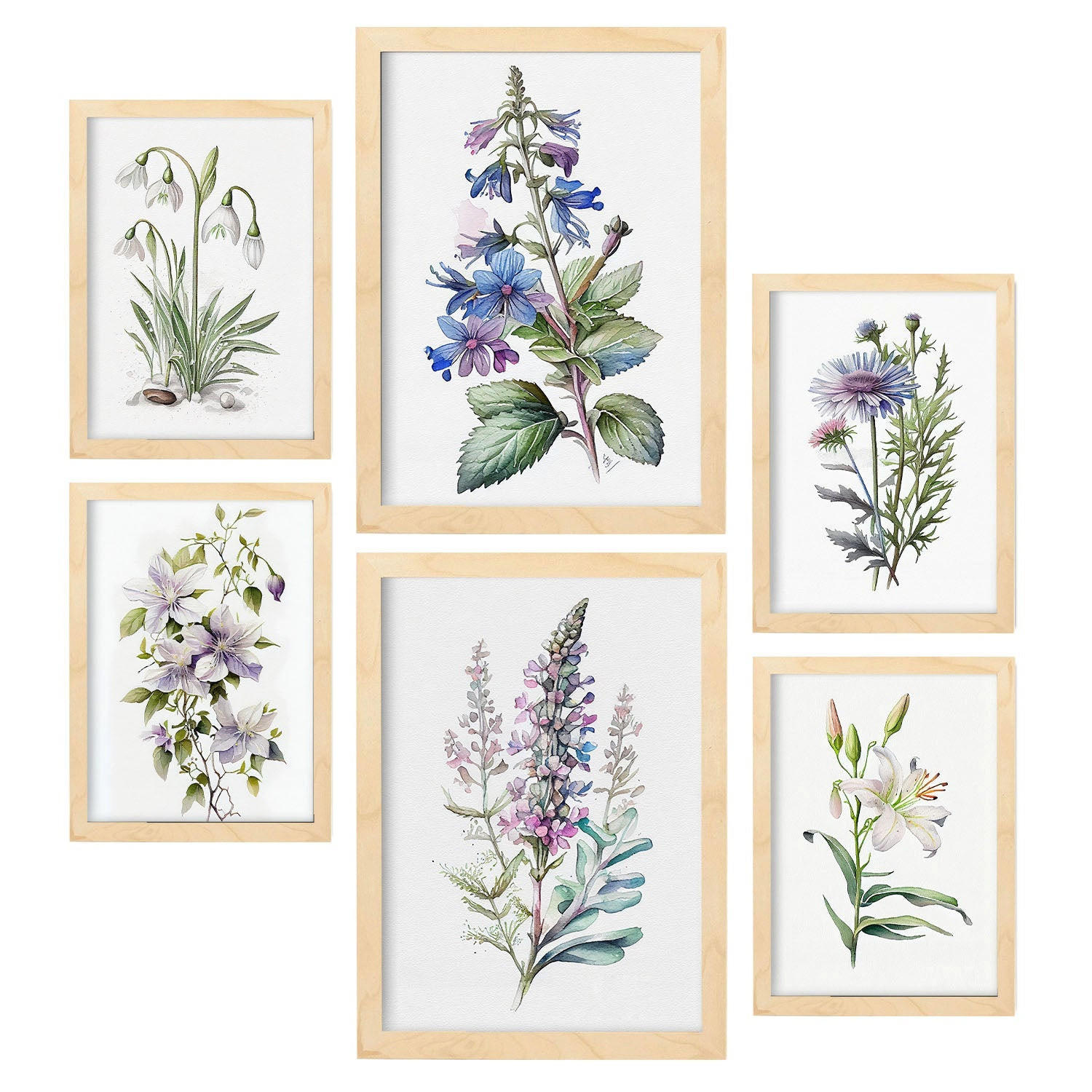 POSTER Set Mit 6 Lilien Vollfarbige Natur Und Botanikdrucke Mit Blumenmotiven Auf Reinweißen Hintergründen A3 & A4 Rahmen Aus Hellem Holz - Beige, Papier (29/3cm) - Nacnic