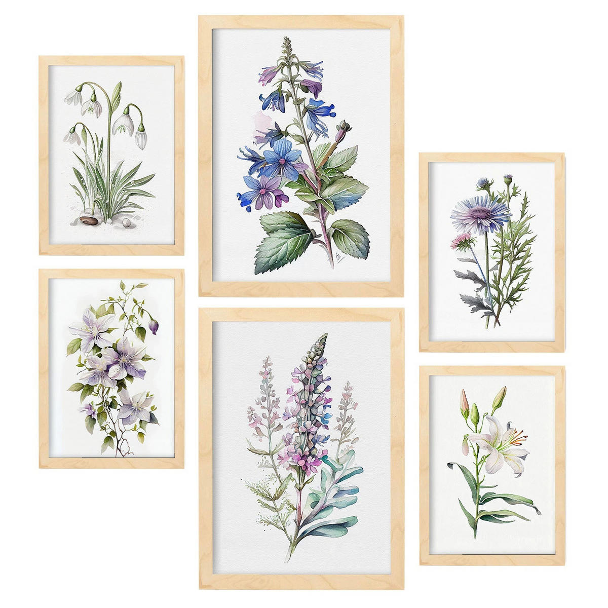 POSTER Set Mit 6 Lilien Vollfarbige Natur Und Botanikdrucke Mit Blumenmotiven Auf Reinweißen Hintergründen A3 & A4 Rahmen Aus Hellem Holz - Beige, Papier (29/3cm) - Nacnic